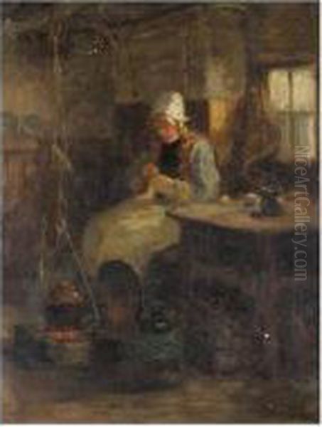 Darning By The Fire Oil Painting by Ralph Hedley