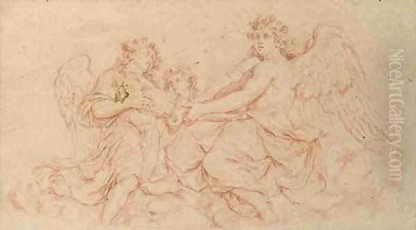 Three music-making angels seated on a cloud Oil Painting by Charles-Nicolas I Cochin