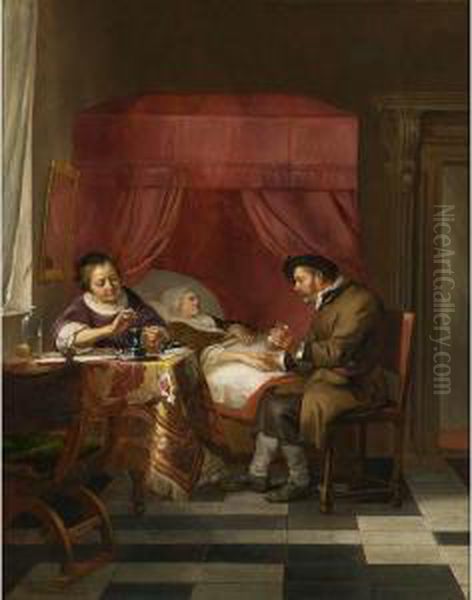 A Doctor's Visit With A Lady Pouring Medicine At The Table Oil Painting by Hendrick Heerschop or Herschop