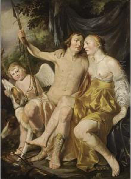 Venus, Adonis And Cupid, Together With Hounds Oil Painting by Hendrick Heerschop or Herschop