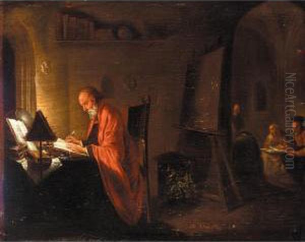 A Scholar In His Study Oil Painting by Hendrick Heerschop or Herschop