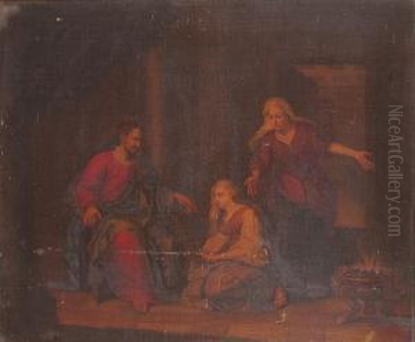 Christ In The House Of Martha And Mary Oil Painting by Hendrick Heerschop or Herschop