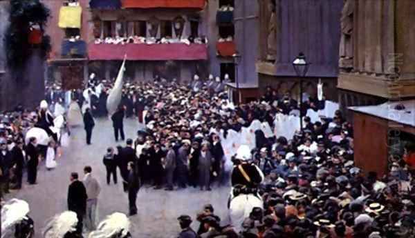 Corpus Christi procession leaving the Church of Santa Maria del Mar Oil Painting by Ramon Casas Y Carbo