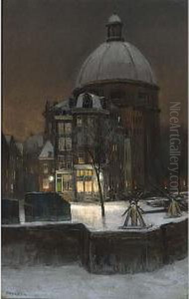 A View Of The Luther Church In Winter Time, Amsterdam Oil Painting by Herman Heijenbrock