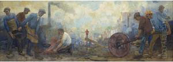 Steel Workers Near A Town Oil Painting by Herman Heijenbrock