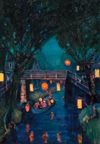 Sint Maarten-night In Giethoorn With Lanterns Hanging Fromtrees Oil Painting by Herman Heijenbrock