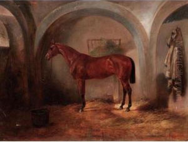 A Bay Hunter In A Stable Oil Painting by Joseph Heike