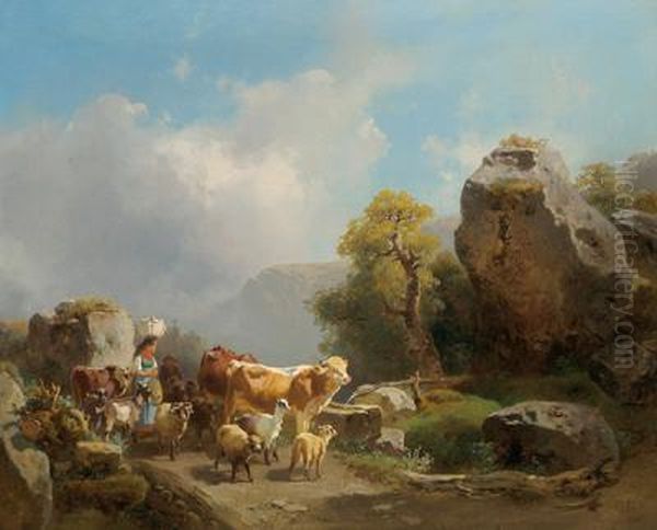 Circle Alpine Cattle Drive Oil Painting by Joseph Heike