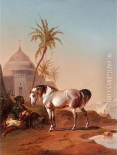 An Arab Horseman At Rest Oil Painting by Joseph Heike