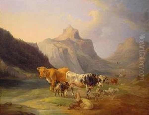 Cows At Rest In An Alpine Landscape Oil Painting by Joseph Heike