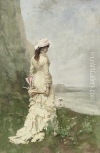 An Elegant Lady By The Sea Oil Painting by Ferdinand Heilbuth