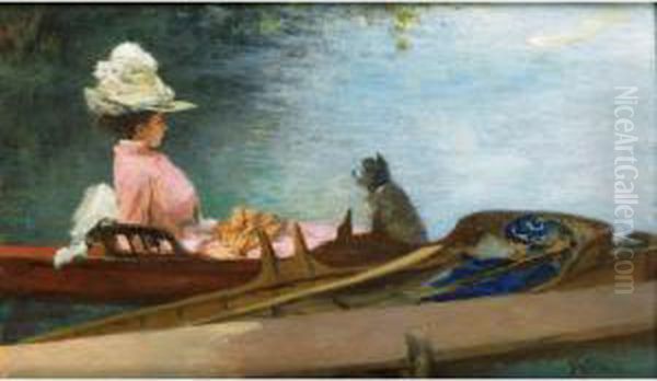 Le Depart Pour La Promenade 
[ferdiand Heilbuth, Young Woman In A Boat With Her Dog, Oil On Panel, 
Signed.] Oil Painting by Ferdinand Heilbuth