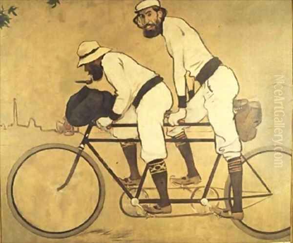 Self Portrait of Casas with Pere Romeu on a Tandem Oil Painting by Ramon Casas Y Carbo