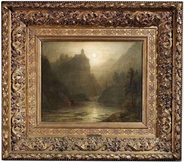 River Landscapeat Moonlight. Oil Painting by Karl Heilmayer