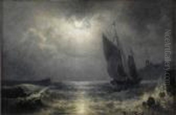 Segelboote Vor Der Kuste. Oil Painting by Karl Heilmayer