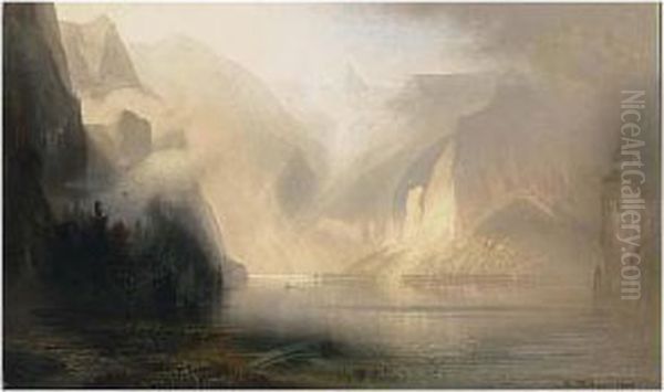 A View Of A Lake In The Mist Oil Painting by Karl Heilmayer