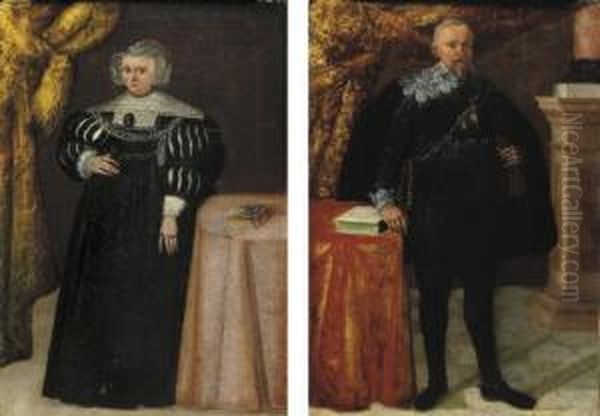 Portrait Of A Gentleman, 
Full-length, In A Black Coat, By A Table; And Portrait Of A Lady, 
Full-length, In A Black Dress, By A Table Oil Painting by Wolfgang Heimbach