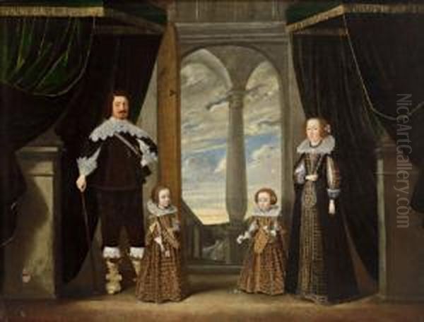 Attribuito Ritratto Di Famiglia In Un Palazzo Con Veduta Del Cielo Nuvoloso Oil Painting by Wolfgang Heimbach