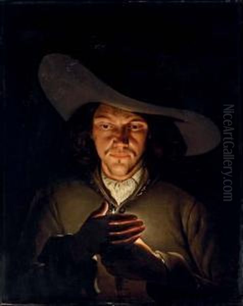 A Man Holding A Candle Oil Painting by Wolfgang Heimbach