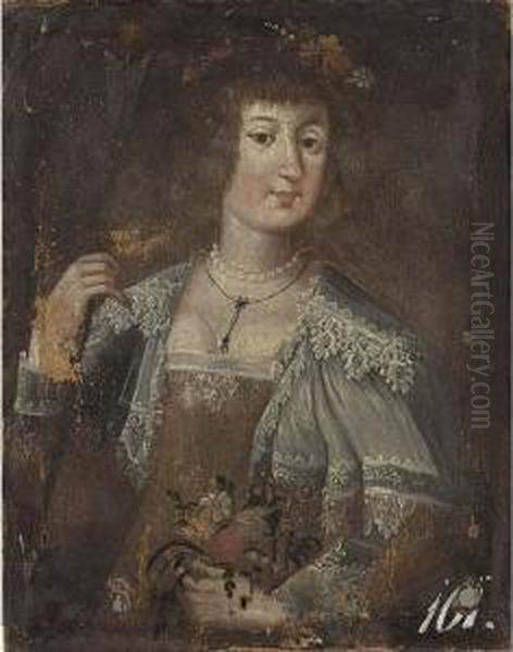 A Portrait Of A Lady As Flora, Half Length, Wearing A White Lace Collar And Flowers Oil Painting by Wolfgang Heimbach