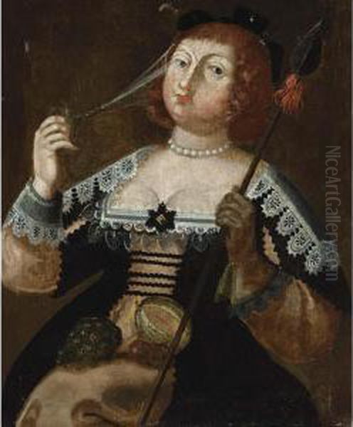 An Elegantly Dressed Lady Holding A Glass And A Spear Oil Painting by Wolfgang Heimbach