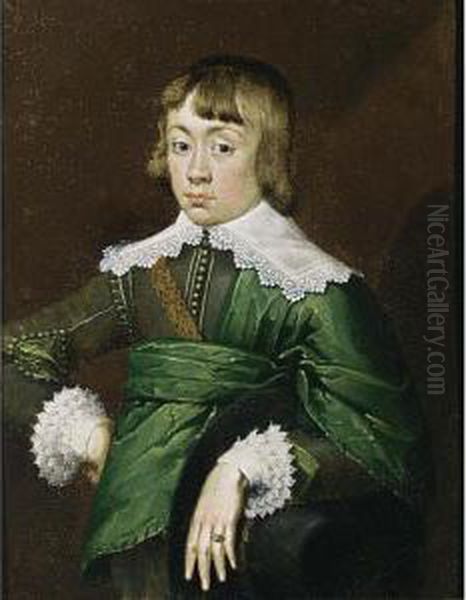 A Portrait Of A Young Gentleman,
 Said To Be Georg Philipp, Freiherr Von Meisselen, Standing Half Length,
 Wearing A Grey-green Coat With A Green Sash, White Lace Collar And 
Cuffs Oil Painting by Wolfgang Heimbach