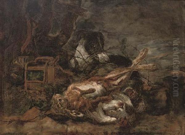 A Greyhound With Dead Game At The Foot Of A Tree Oil Painting by Johann Philipp Heinel