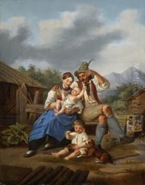 Tiroler Bauernfamilie. Oil Painting by Johann Philipp Heinel