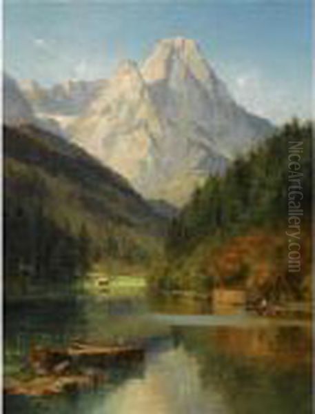 A Lake At The Foot Of A Mountain With Figures In A Row Boat Oil Painting by Karl Adam Heinisch