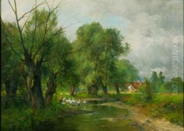 Landscape With Ducks Oil Painting by Karl Adam Heinisch