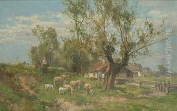 Sheep Grazing By A Cottage Oil Painting by Karl Adam Heinisch