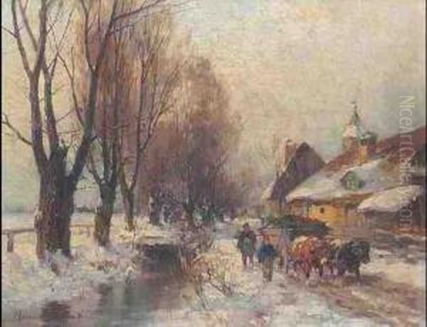 Winterlandschaft Mit Ochsengespann Oil Painting by Karl Adam Heinisch