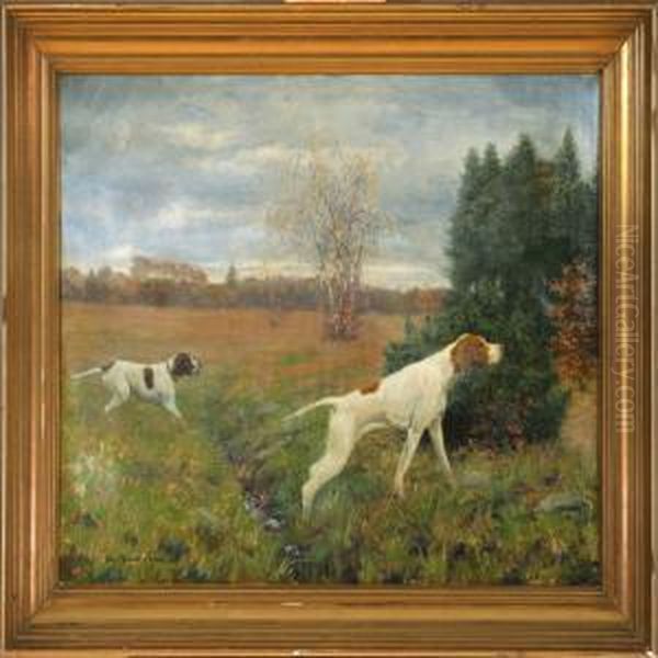 Two Pointers In An Autumn Landscape Oil Painting by Heinrich Hansen