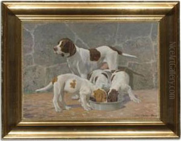 A Pointer With Her Puppies Oil Painting by Heinrich Hansen