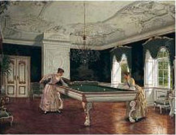 Women Playing Billiards Oil Painting by Heinrich Hansen