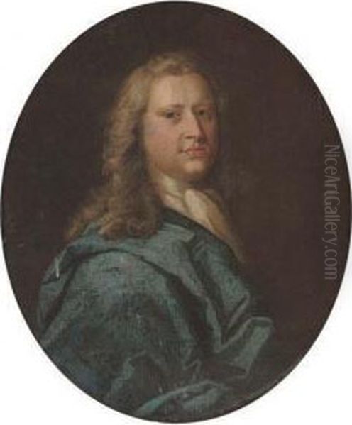 Portrait Of A Gentleman, Bust-length, In A Blue Mantle Oil Painting by John Theodore Sen Heins