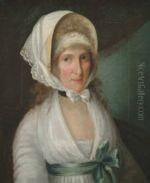 Ortrait Of A Lady, Bust Length, 
Wearing A White Dress With A Greensash, Thought To Be Mrs James Beevor Oil Painting by John Theodore Sen Heins