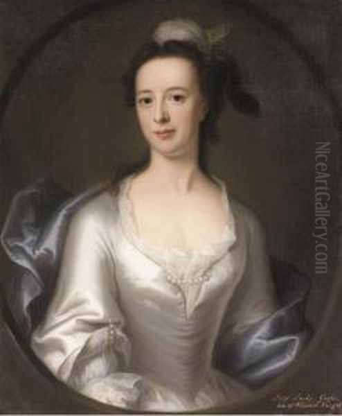 Portrait Of Lucy, Lady Gage, 
Daughter Of William Knight,half-length, In An Oyster Satin Dress And 
Blue Wrap, With Afeathered Headdress, Feigned Oval Oil Painting by John Theodore Sen Heins