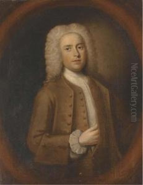 Portrait Of A Gentleman, Half-length, In A Brown Coat And Whitestock, Feigned Oval Oil Painting by John Theodore Sen Heins