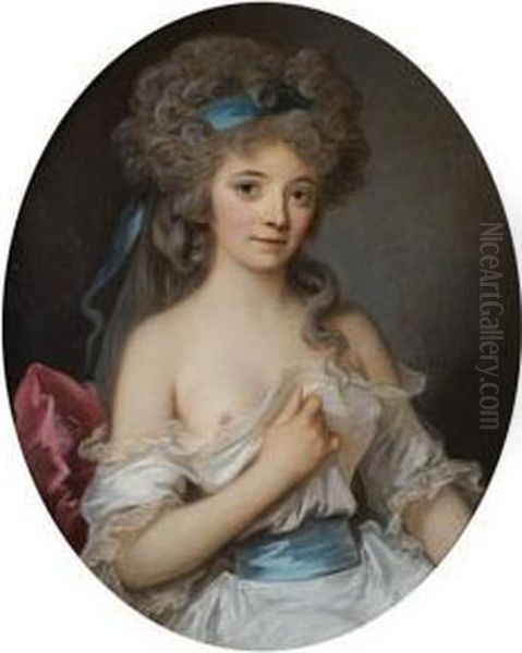 Portrait D'une Elegante Coiffee D'un Ruban Bleu Oil Painting by Johann Ernst, Julius Heinsius