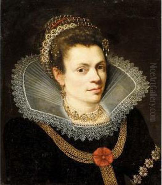 A Portrait Of A Lady, Head And 
Shoulders, Wearing A Black Dress, A White Ruff, A Pearl Necklace And A 
Diadem In Her Hair Oil Painting by Joseph Heinz I