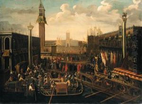 Venice: The Embarkation Of The 
Doge On The Bucintoro On Ascensionday; And The Fight Between The 
Nicolotti And Castellani Wards Atsan Barnaba, Venice by Joseph, The Younger Heintz