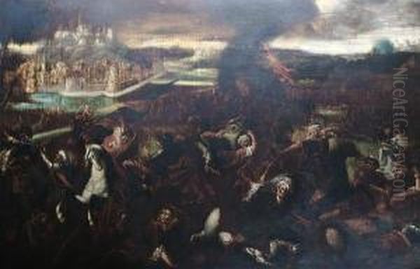 A Cavalry Battle Between Christians And Turks, A Walled City Beyond Oil Painting by Joseph Heinz