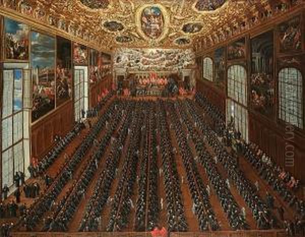 The Interior Of The Sala Maggior
 Consiglio, The Doge's Palace, Venice, With Patricians Voting On A 
Bulletin For The Election Of New Magistrates Oil Painting by Joseph Heinz