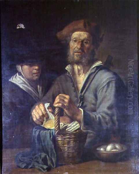 An Old Peasant and a Maid at a Table Oil Painting by Giacomo Francesco Cipper