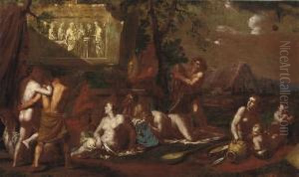 A 'bacchanal' In A Landscape With Ancient Ruins Oil Painting by Johann Heiss