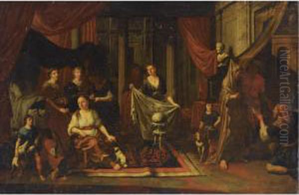 An Allegory With Vestal Virgins, Together With Servants And Dogs In A Classical Interior Oil Painting by Johann Heiss