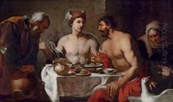 Jupiter And Mercury In The House Of Philemon And Baucis Oil Painting by Johann Heiss