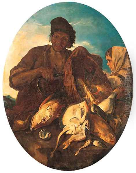 A fisherman with a basket of fish and a peasant girl Oil Painting by Giacomo Francesco Cipper