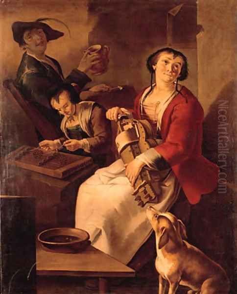 A peasant woman playing the hurdy-gurdy, a girl playing the dulcimer and drinking, a youth in a farmhouse Oil Painting by Giacomo Francesco Cipper